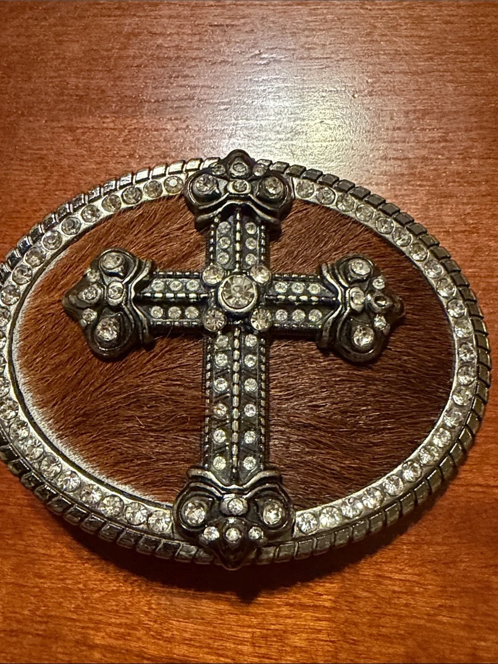 Rhinestone Cross Buckle Belt - Brown Fur with Silver Accents